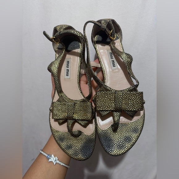 Miu Miu Shoes - Miu Miu Metallic Gold Bow Sandals